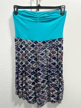 Roxy Strapless Dress Teal Top Navy Patterned Skirt